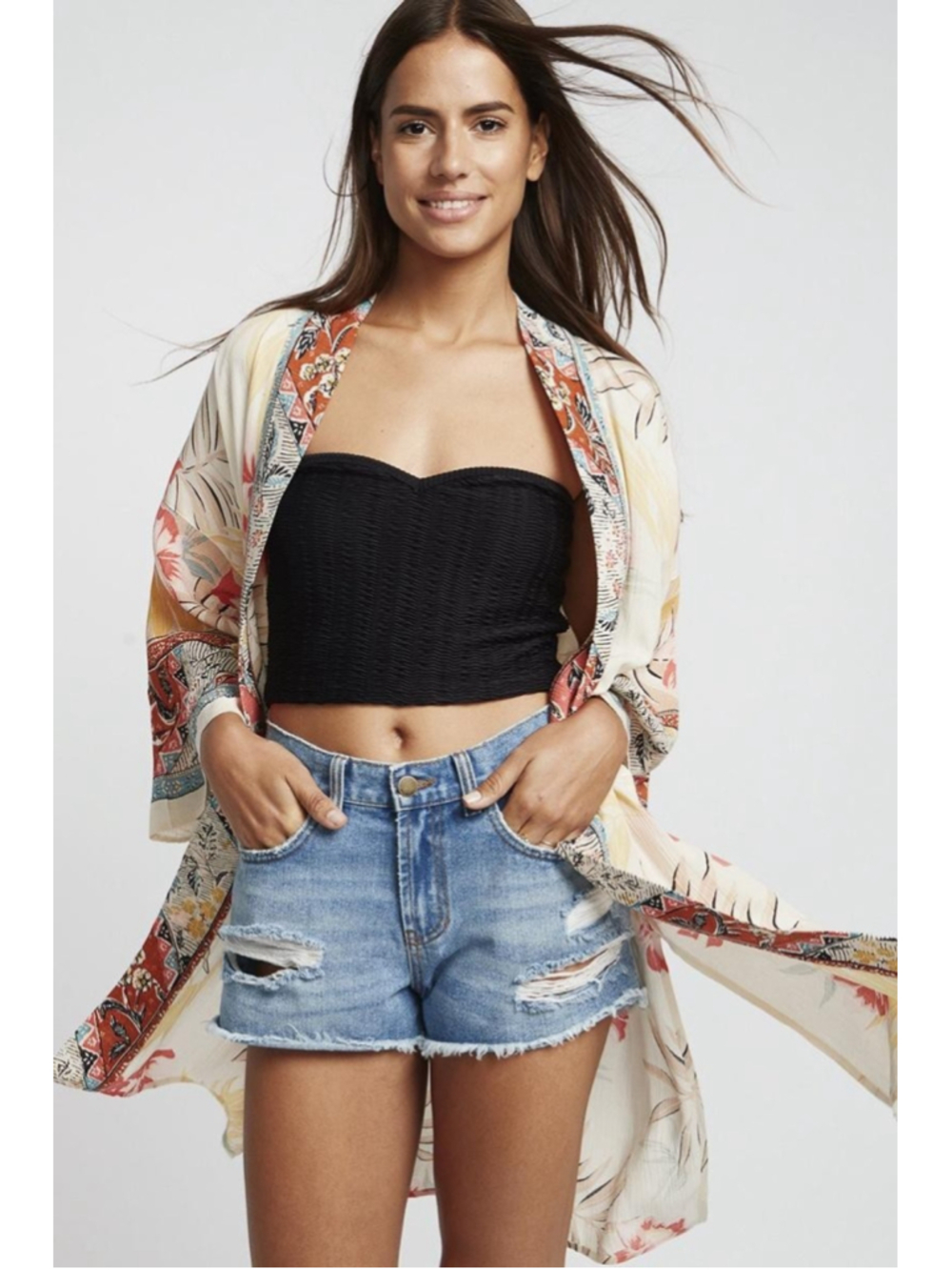 Billabong Kimono Top Womens S/M Multicolor Floral 3/4 Sleeve Boho Beach Tropical